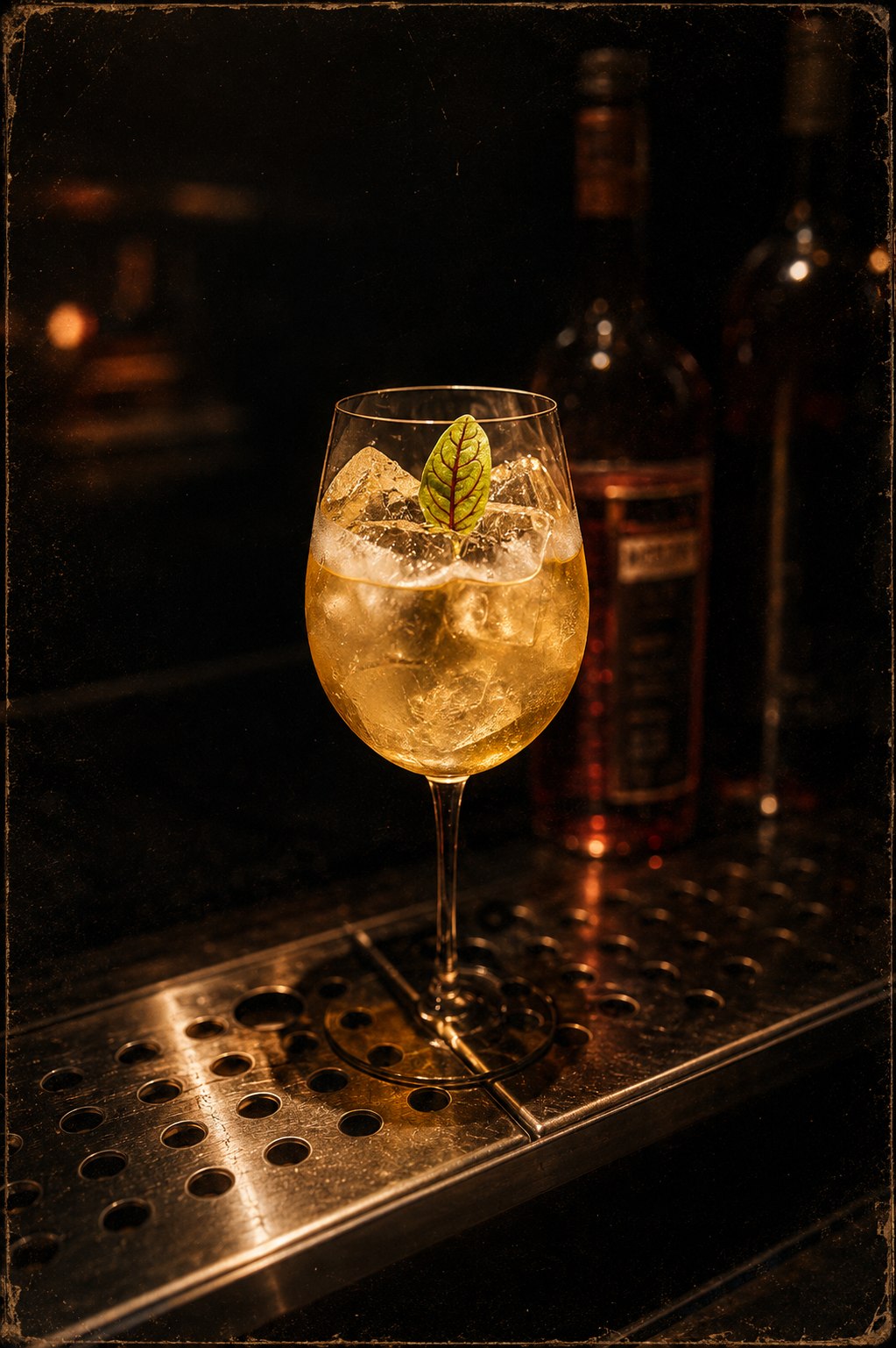 A light, elegant cocktail served in a tall wine glass with a fresh garnish